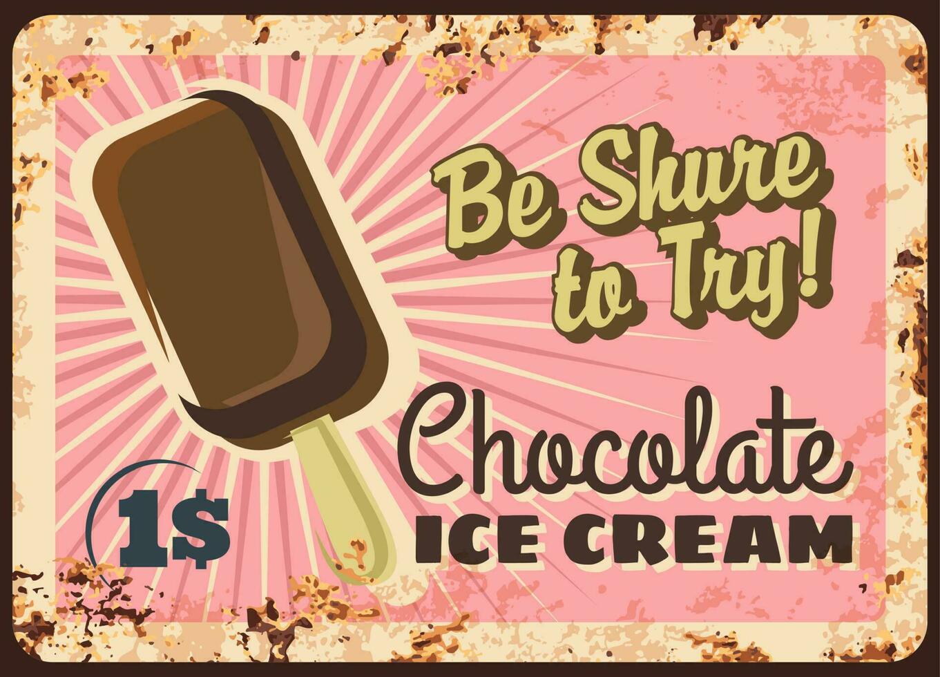 Chocolate ice cream vector rusty plate, popsicle