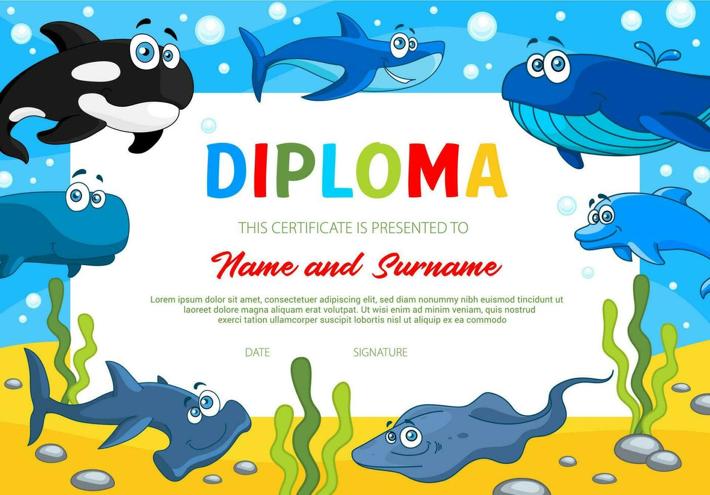 Kids diploma certificate with sea animals vector