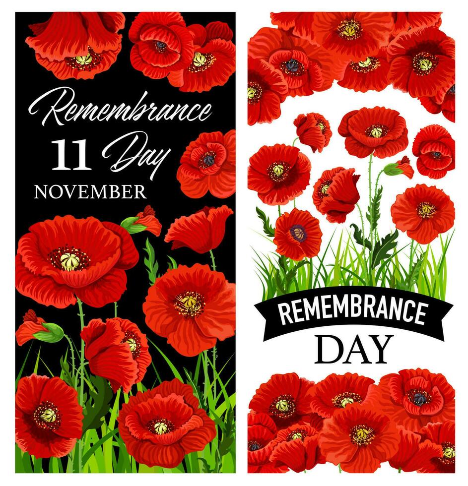 remembranza amapolas, armisticio día pancartas vector