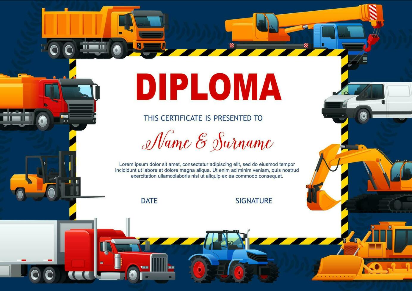 School diploma vector template with heavy vehicles