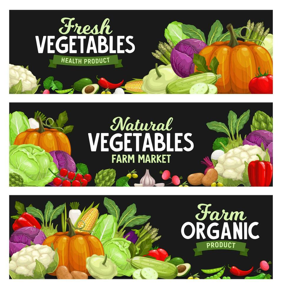 Vegetables banners, farm market food veggies vector