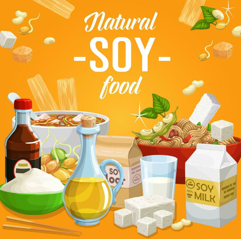 Soy products, soybean organic food vector poster