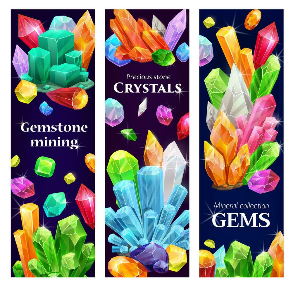 cristal gemas, piedras preciosas dibujos animados vector pancartas