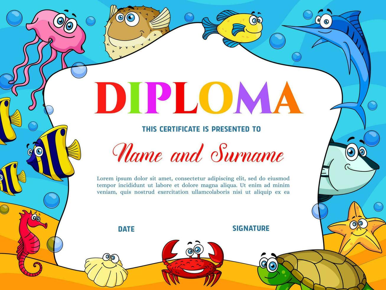 Kids education diploma with fish, crab and turtle. vector