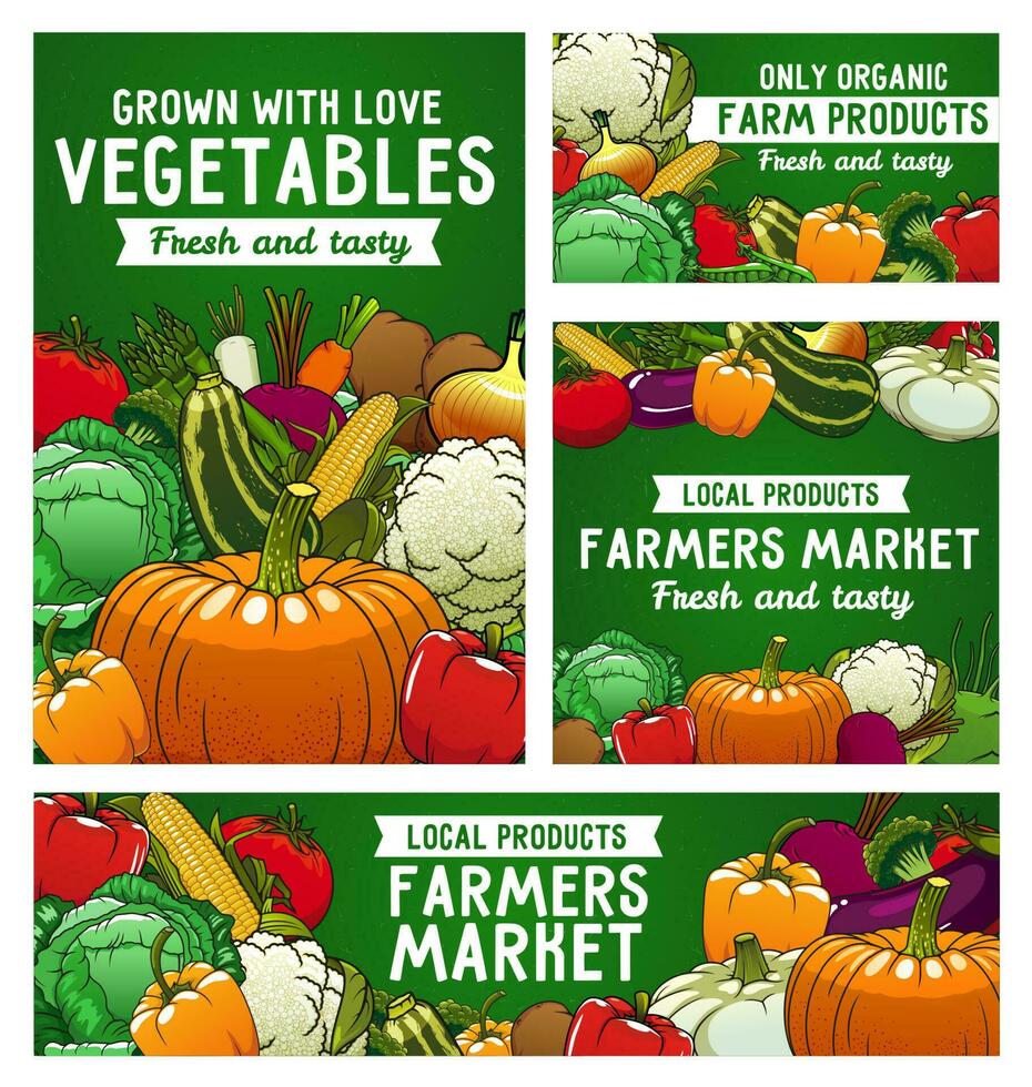 Vegetables vector posters, farmer market veggies