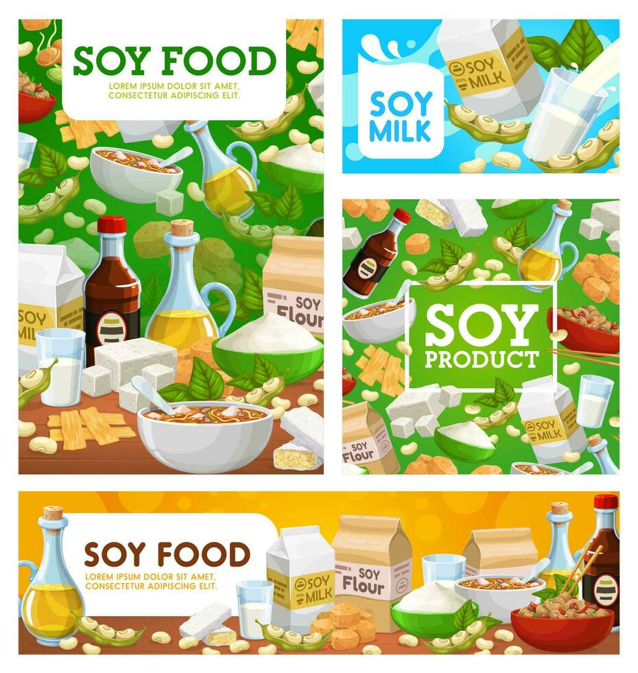 Soy food, soybean vector organic soya food posters
