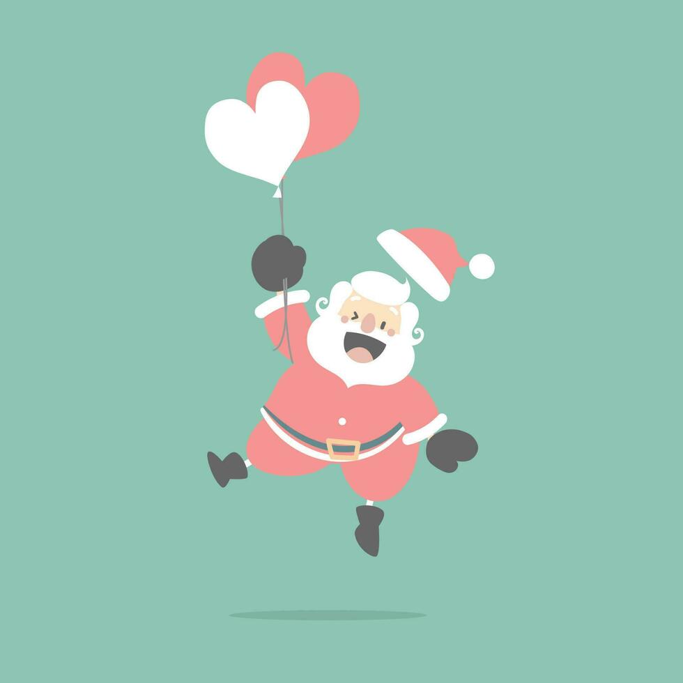 merry christmas and happy new year with cute santa claus holding balloon in the winter season green background, flat vector illustration cartoon character costume design