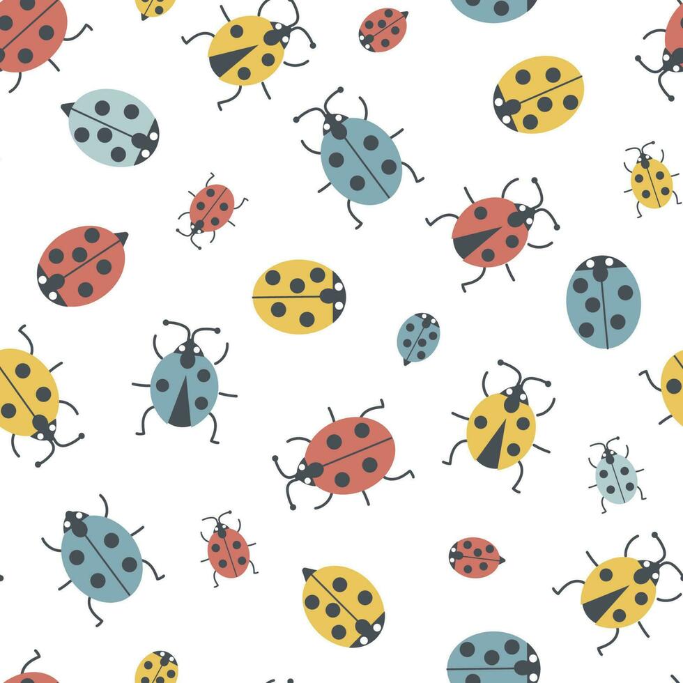 Seamless pattern with summer ladybugs that crawl, fly. Vector graphics with insects.