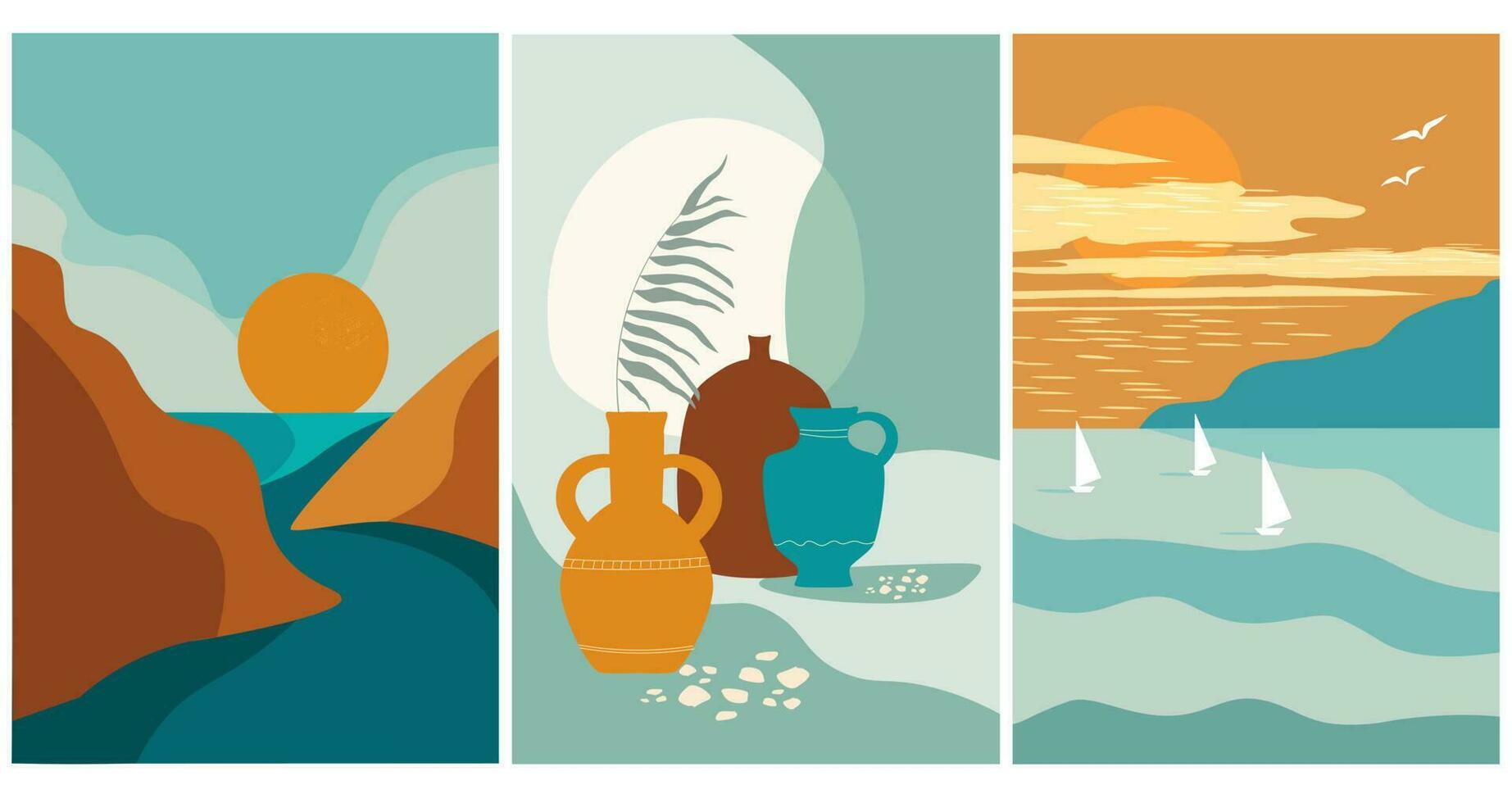 A set of abstract posters with summer seascapes, a boat with a sail on the water, antique vases with plants. Vector graphics.