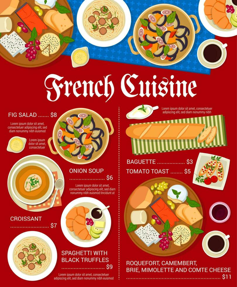 French cuisine restaurant menu, cheese and bread vector