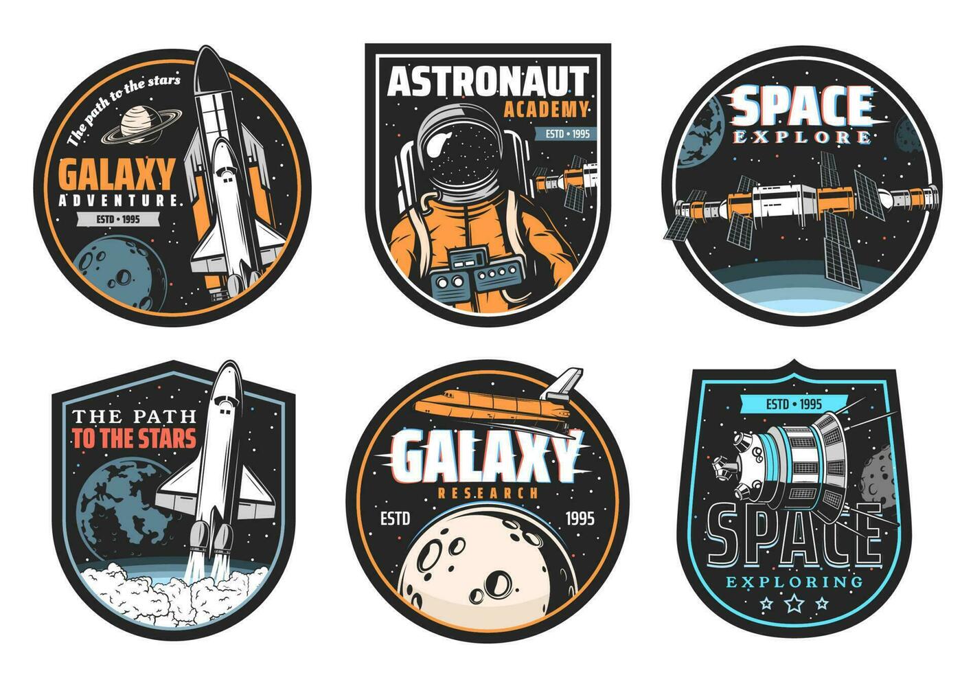 Galaxy research, space explore and astronaut icon vector