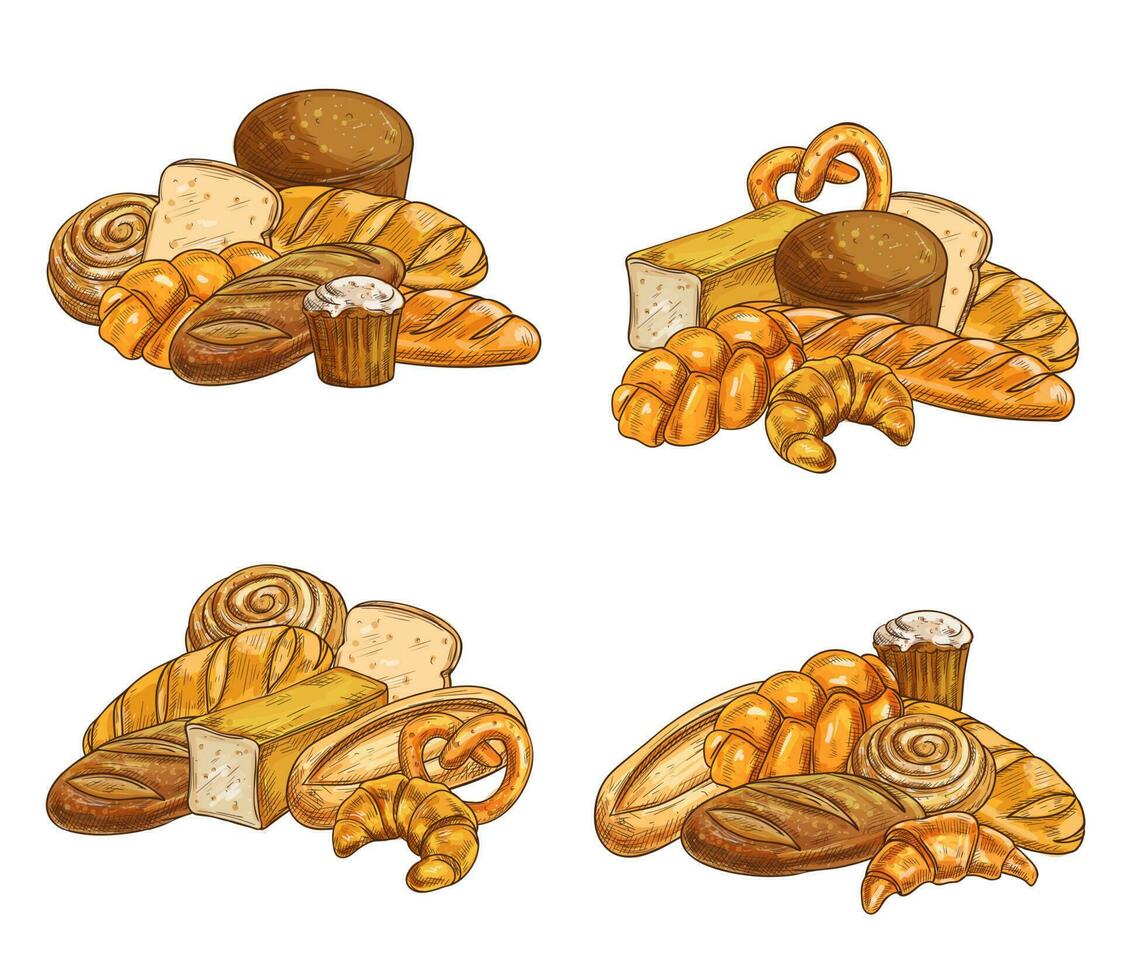 Bakery shop bread and pastry sketch vectors