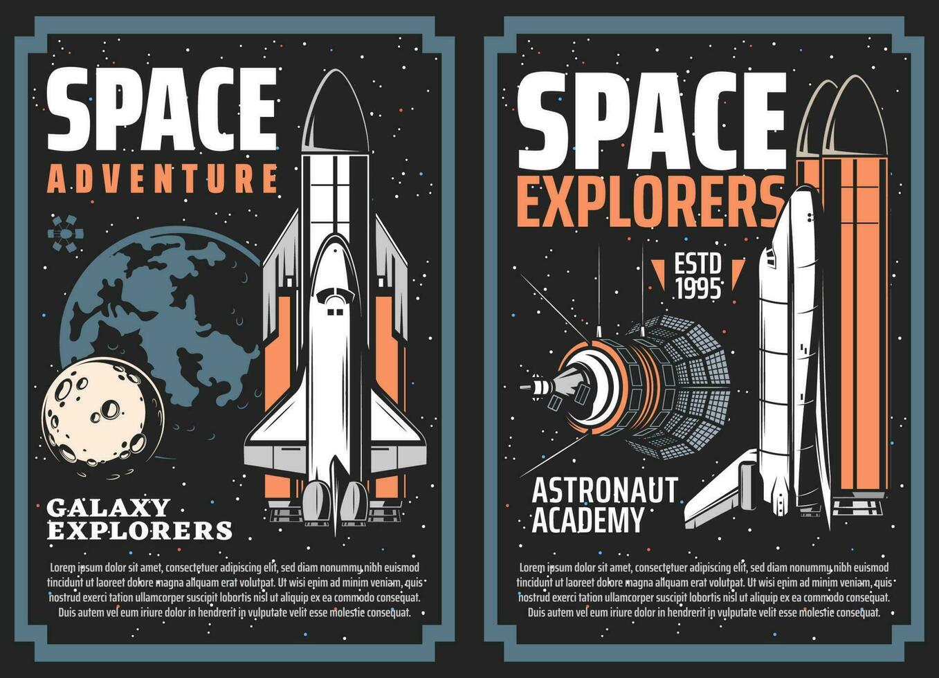 espacio aventura, planeta exploración vector carteles