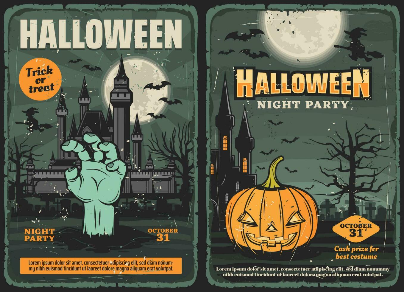 Halloween pumpkin, witches, bats, haunted house vector