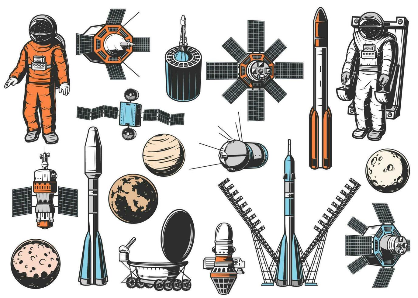 Space exploration, astronaut vector icons set