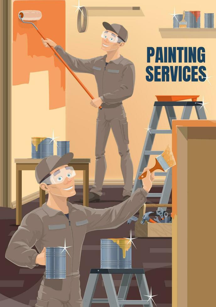 House repair service workers painting wall vector