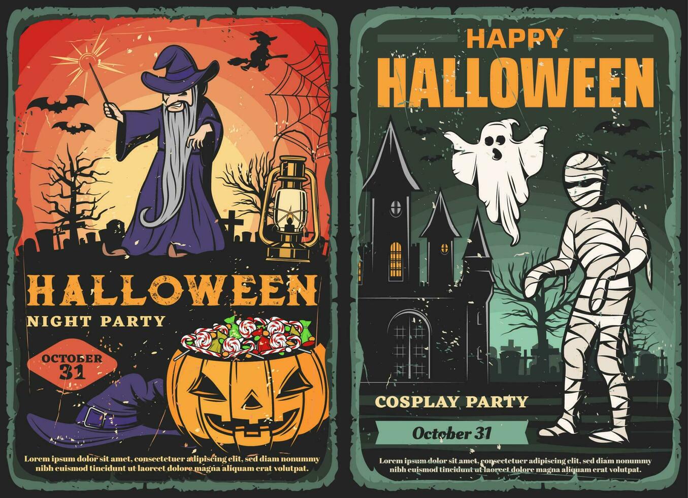 Halloween ghost, mummy and wizard with pumpkin vector