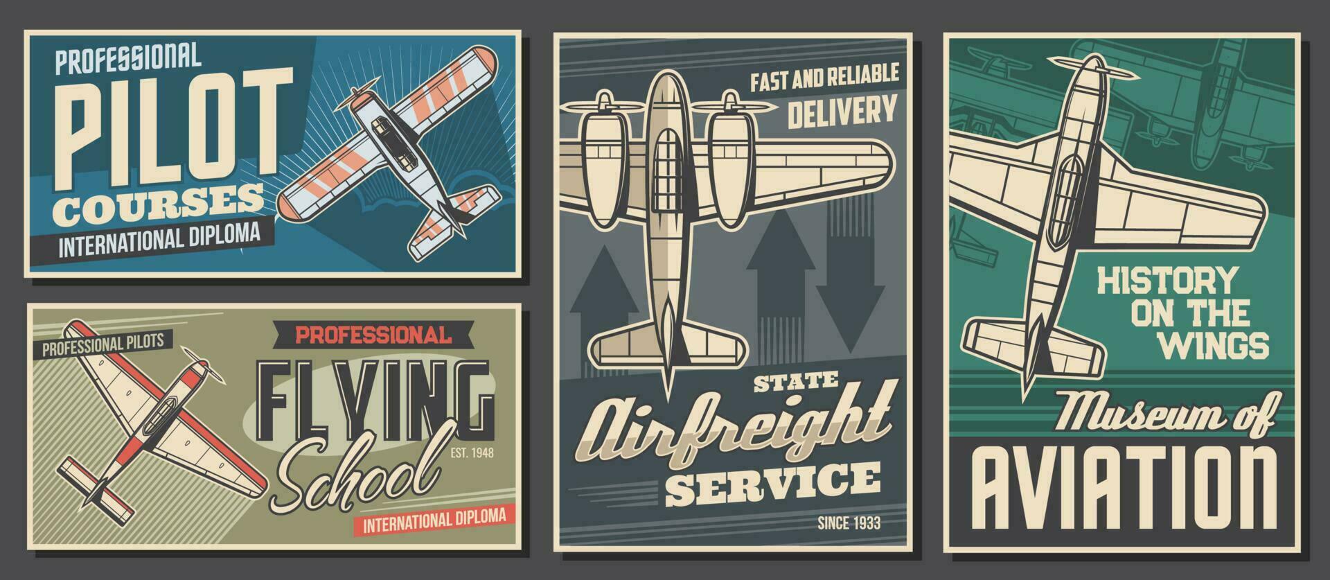 Pilot courses and flying school vector banners