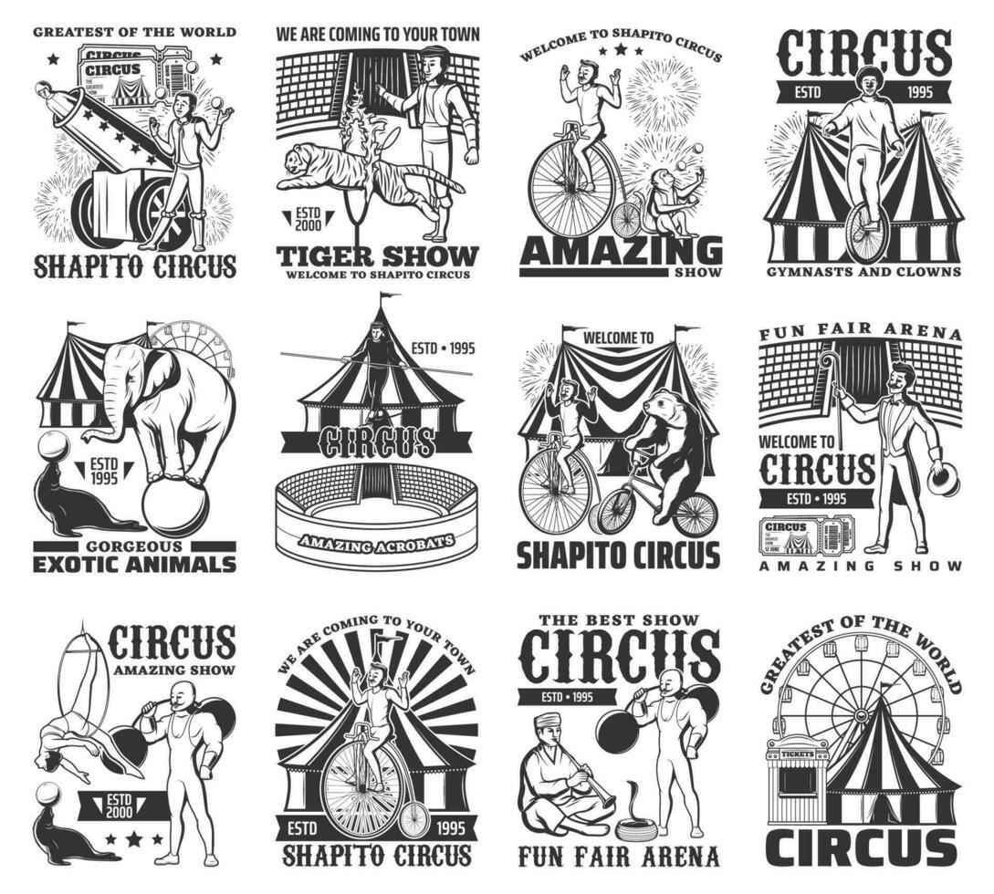 Big Top Circus performances engraved vector icons