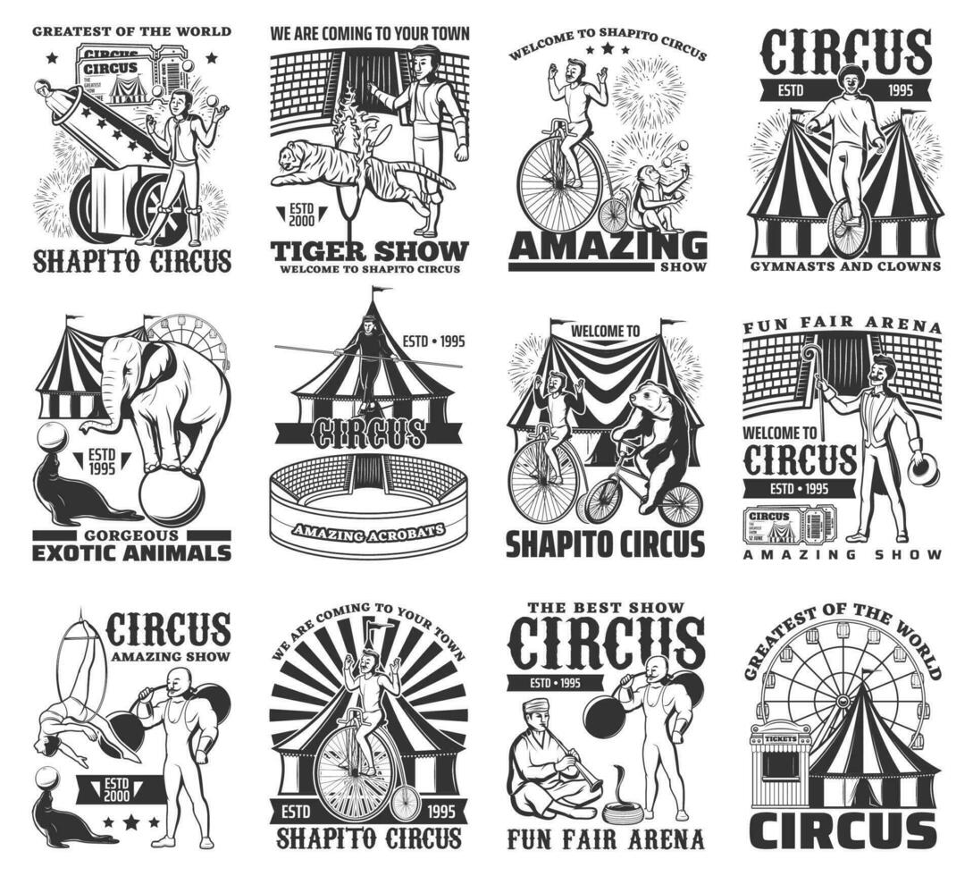 Big Top Circus performances engraved vector icons