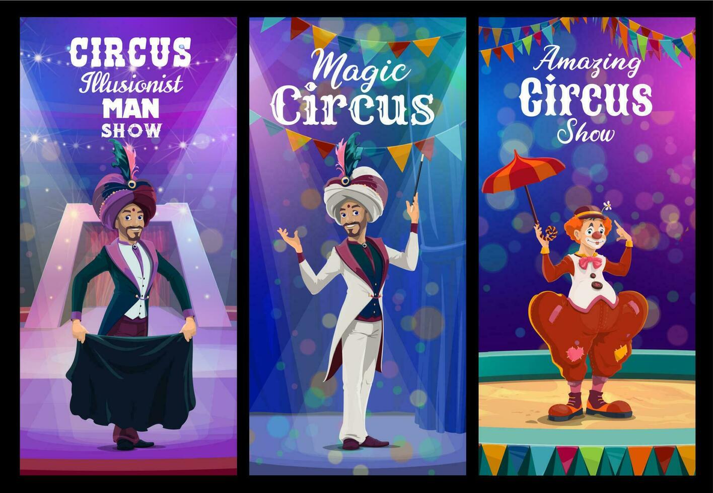Circus show with clown and illusionist on arena vector