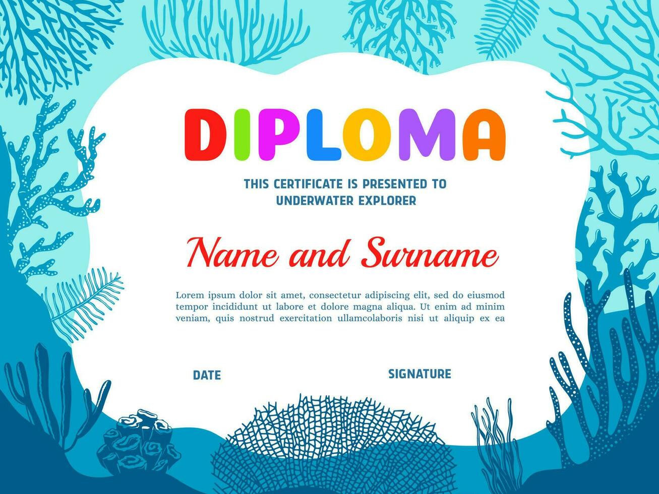 Diploma for underwater explorer with seaweeds vector