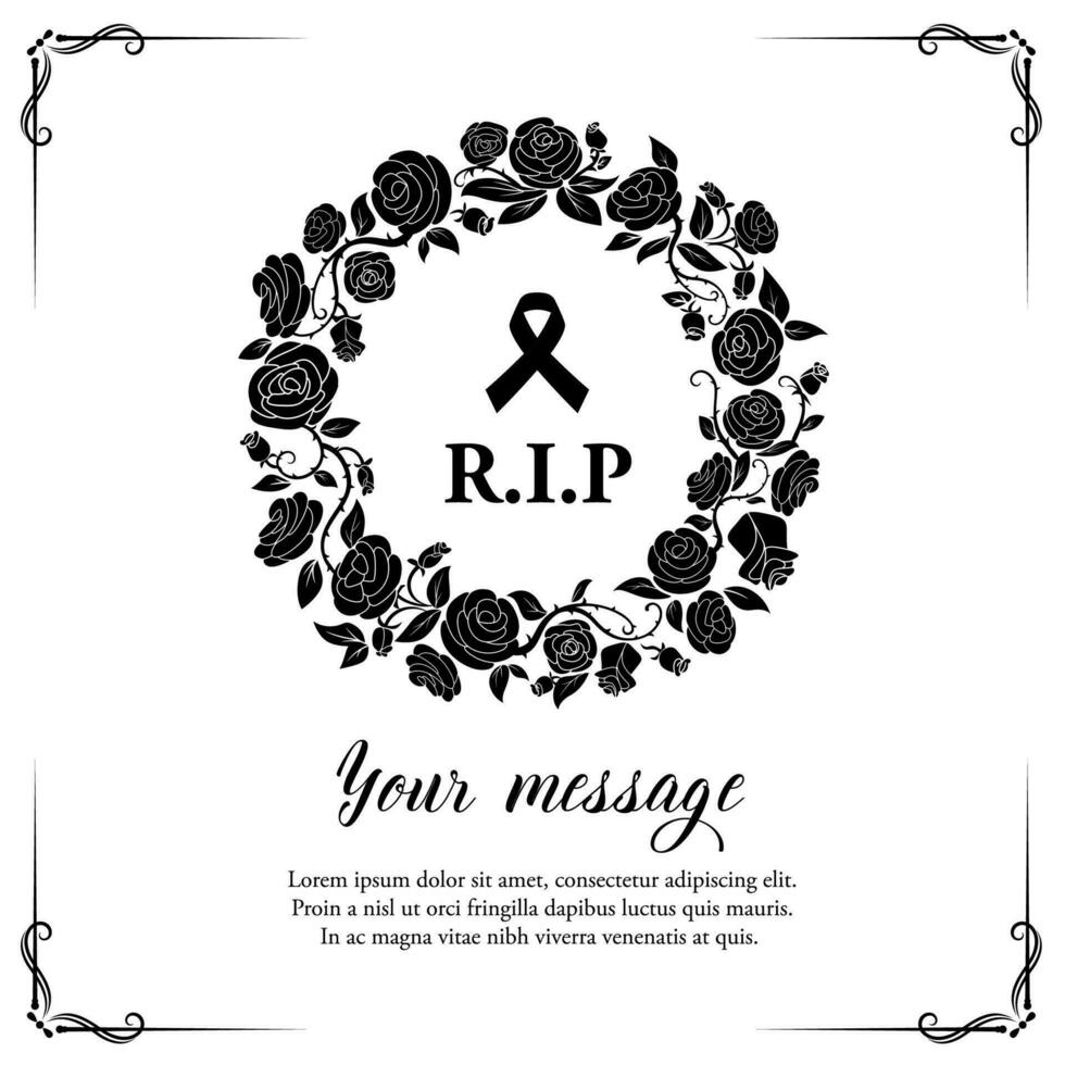 Funeral vector card with rose flowers wreath.