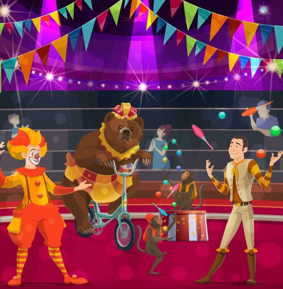 Circus performers poster clown, bear and tamer vector