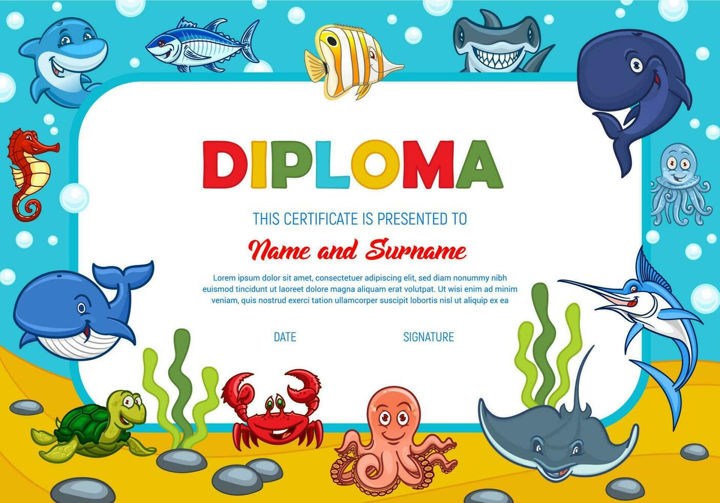 Kids diploma with underwater animals, award border vector