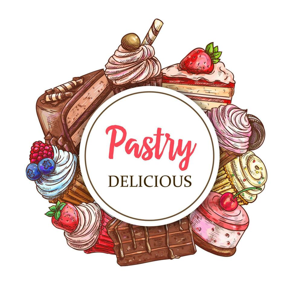 Cakes and cupcakes pastry vector round banner
