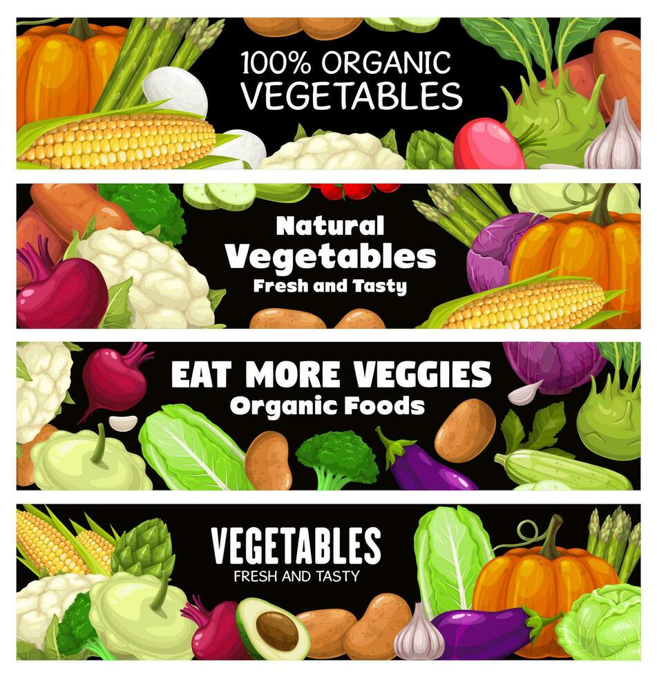 Vegetables vector banners, cartoon raw veggies