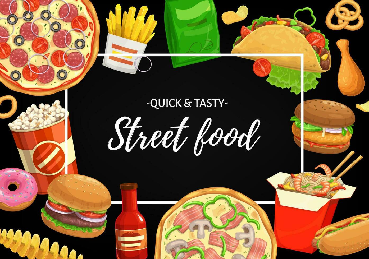 calle comida vector póster dibujos animados para llevar comidas