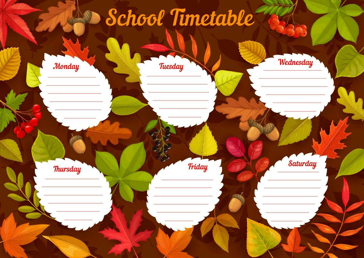 School timetable with autumn leaves, week schedule vector