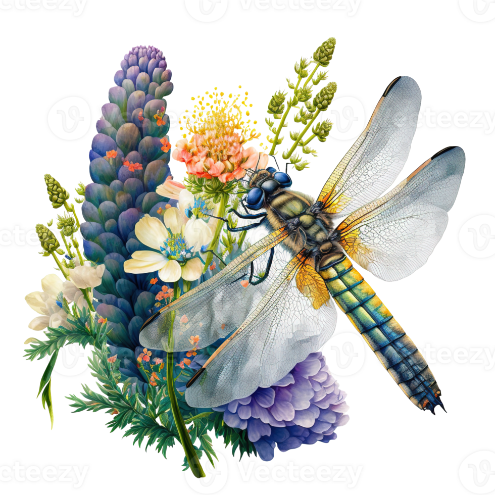 primavera fiore libellula acquerello ai generativo png