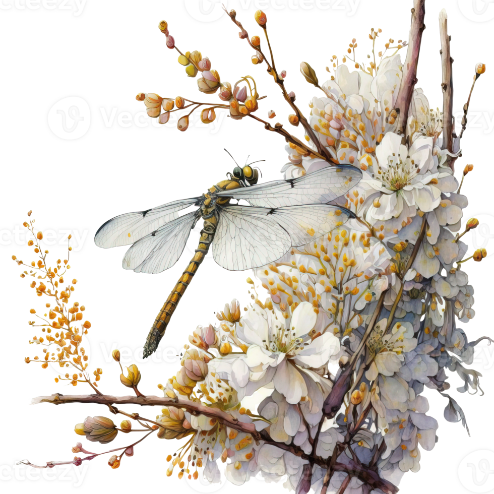 primavera fiore libellula acquerello ai generativo png