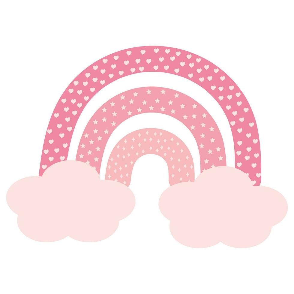 Pink boho rainbow with clouds, stars, hearts and rhombuses. Vector illustration