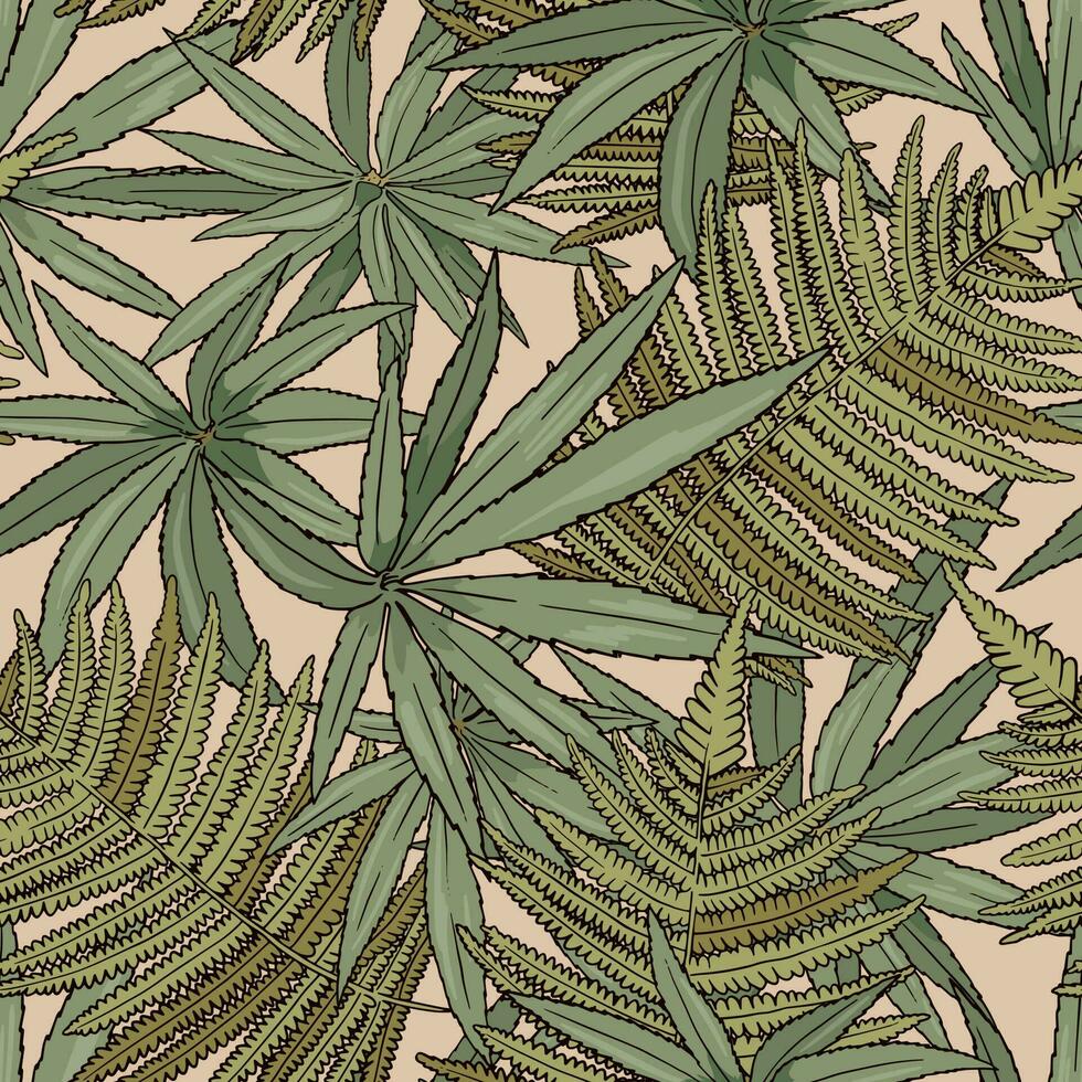 Vintage tropical pattern with fern and long leaves on beige background vector