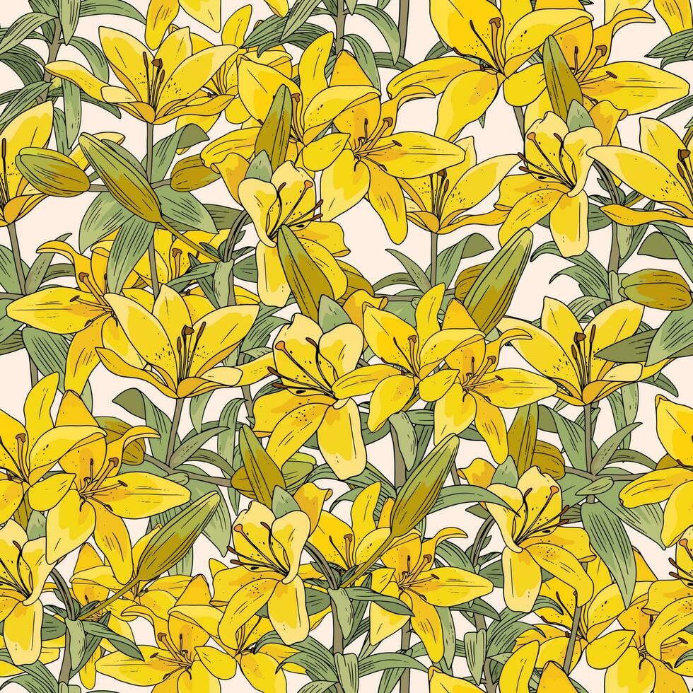 Pattern with yellow lily. Tropical floral print with flowers, buds and leaves on beige background vector