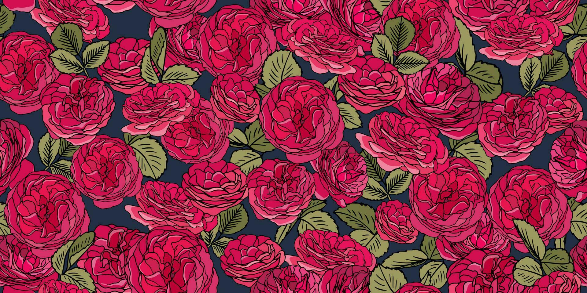 Seamless pattern with pink tea roses on dark blue background. Vintage linear print with garden roses vector