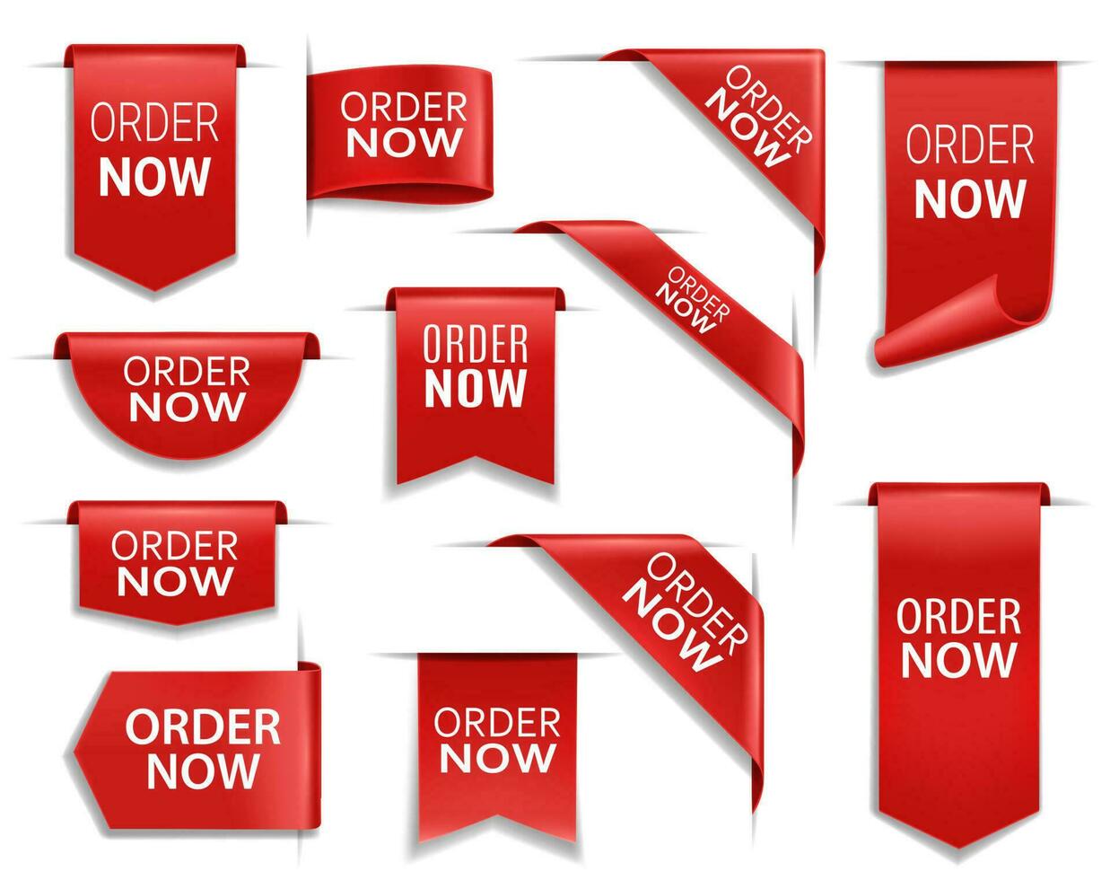 Order now red banners, realistic vector ribbons