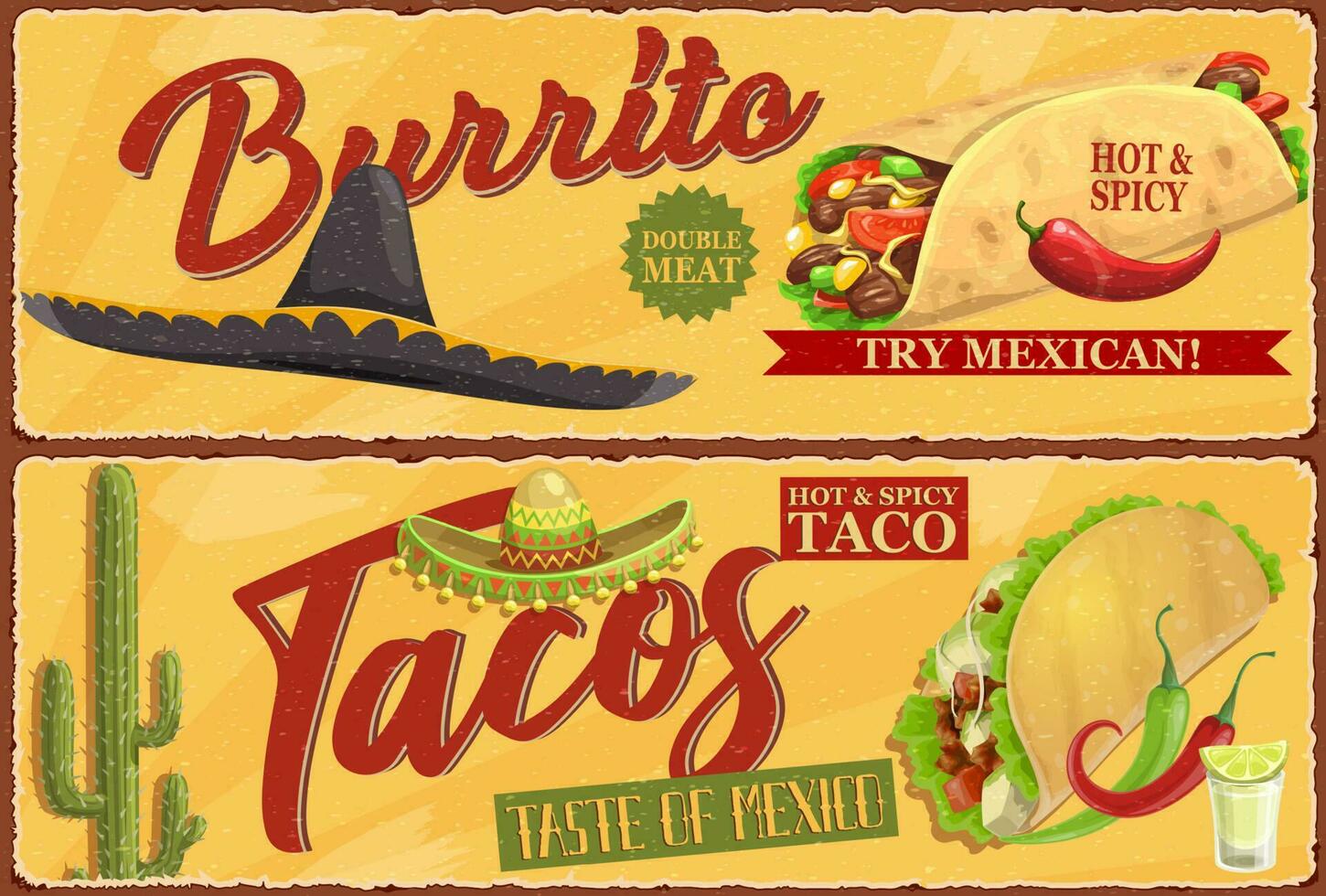 mexicano burrito y tacos retro vector pancartas