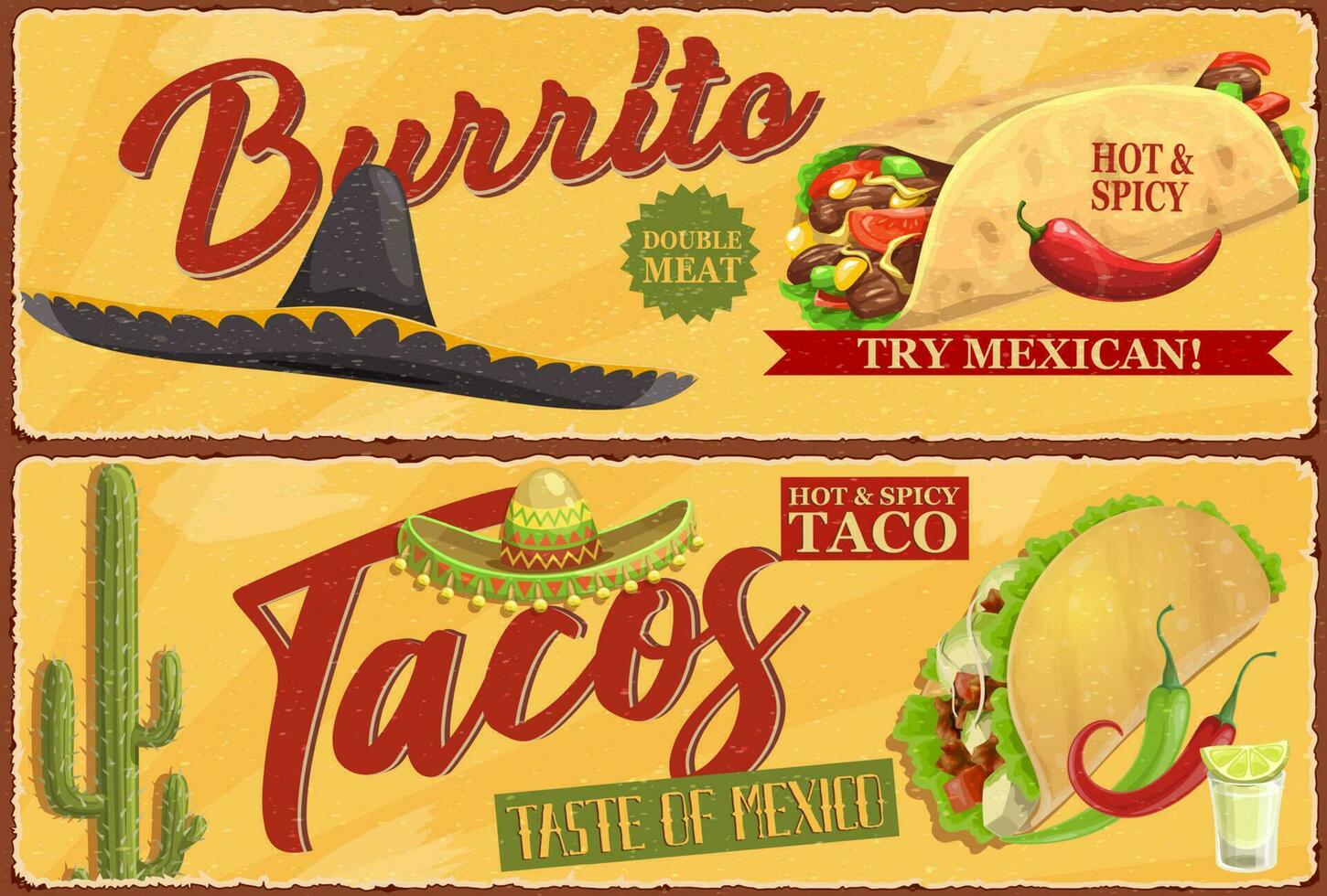 Mexican burrito and tacos retro vector banners