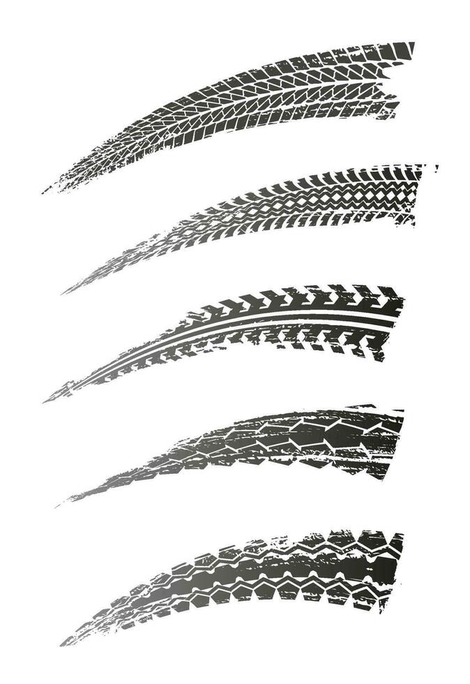 Tire prints, car tyre tracks graphic texture set vector