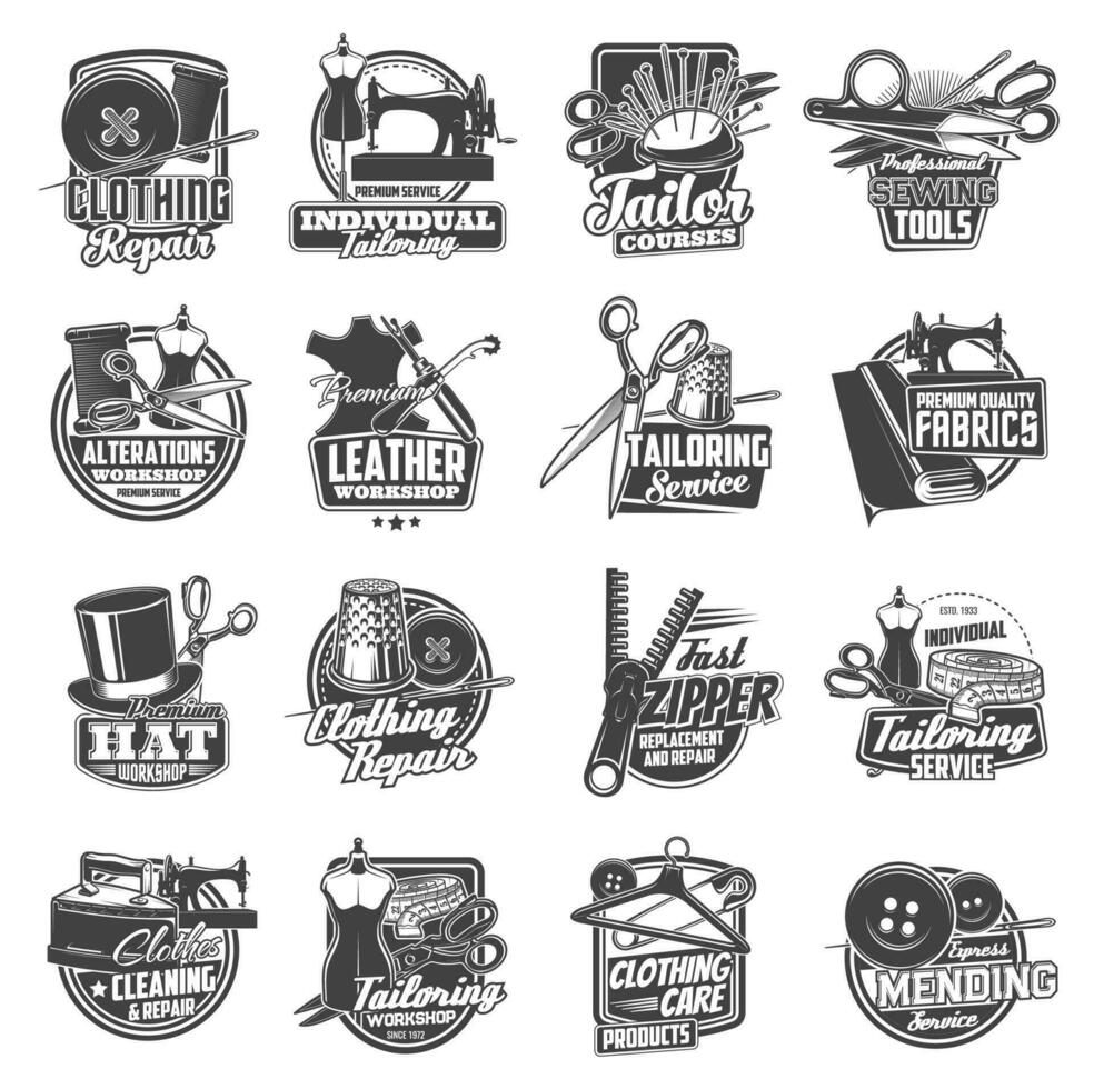 Sewing and tailor icons, atelier dressmaker shop vector