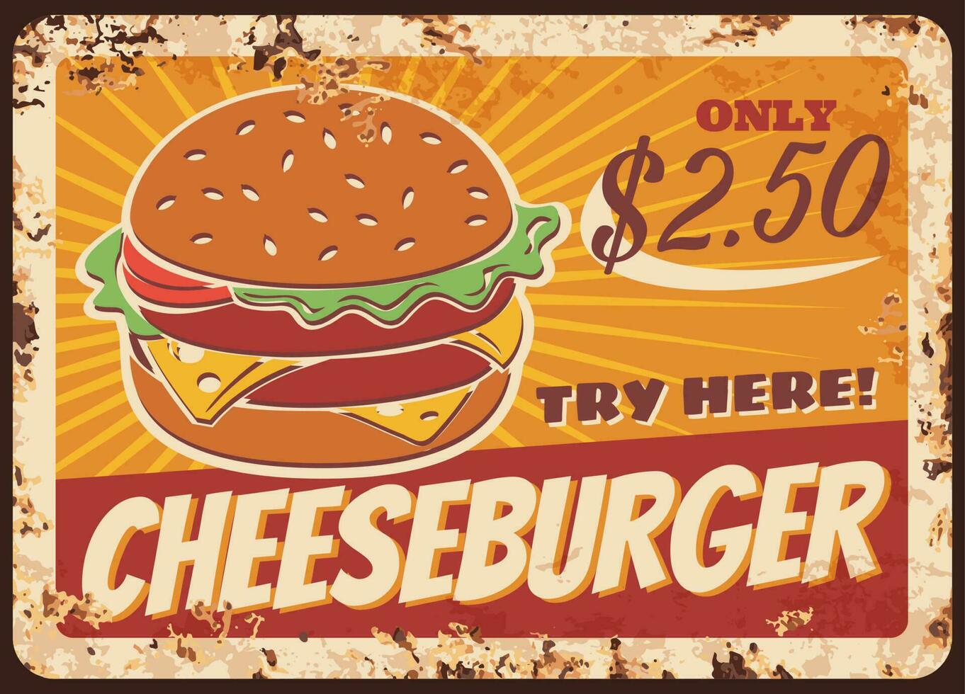 Cheeseburger fast food vector rusty metal plate,