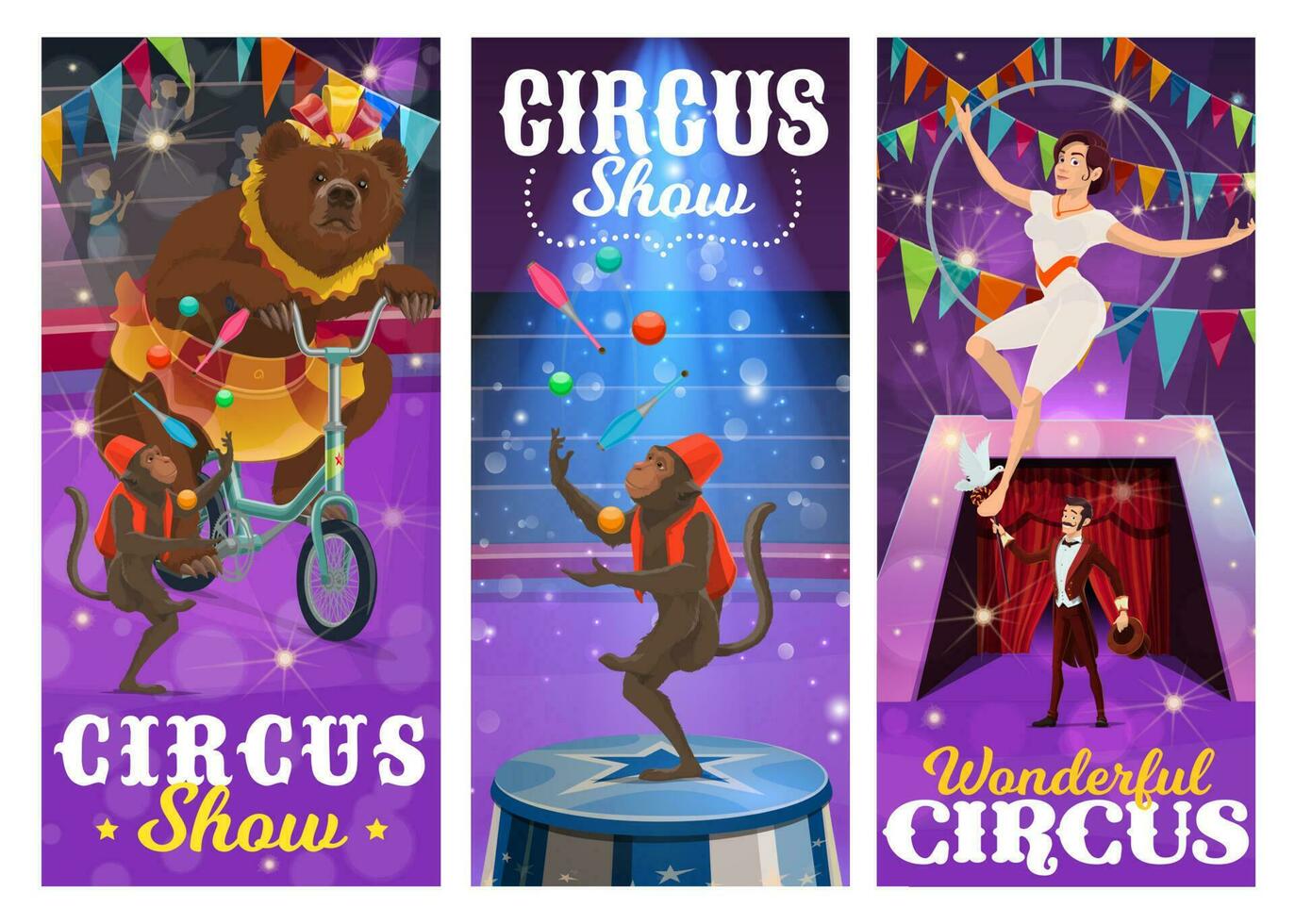 Circus performers vector banners, cartoon artists