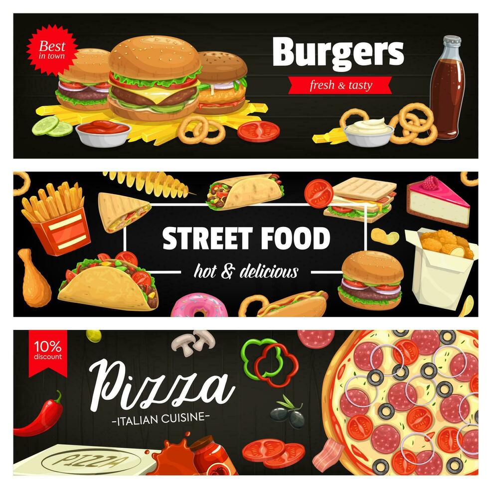 Fast food vector banners cartoon street food meals