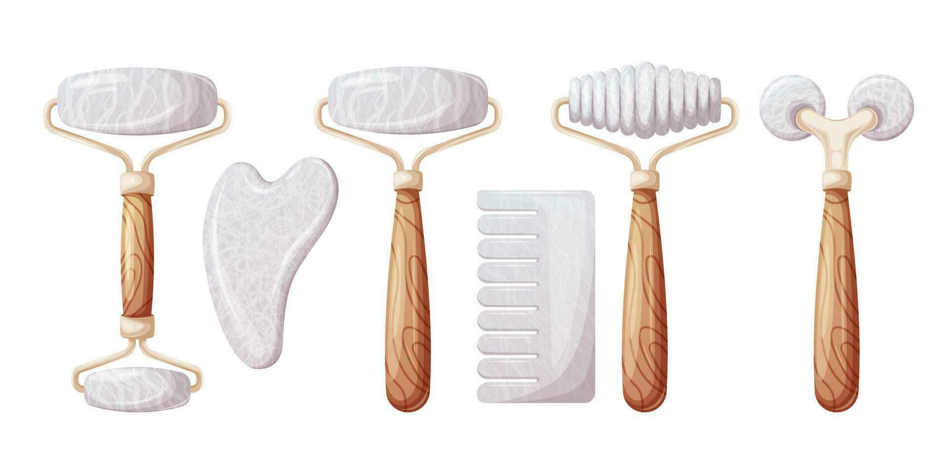 A set of rollers, gua sha scraper, natural stone combs, white agate, rose quartz for face and body massage. Concept for skin care. Trendy vector illustration.