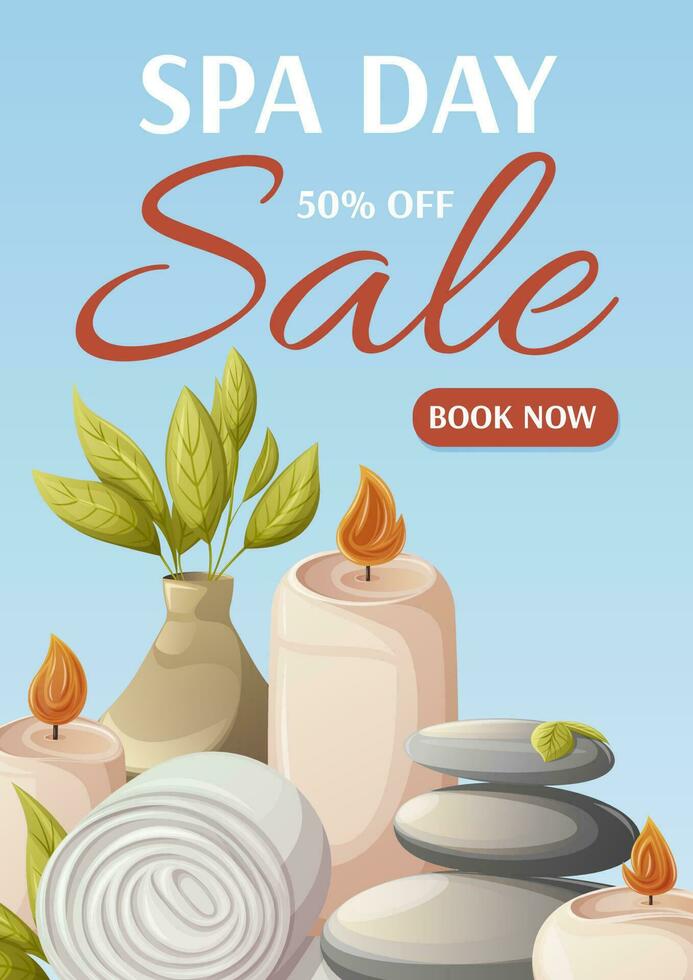 Spa day sale poster. Stones surrounded by burning candles. Towel, vase with green leaves. Items for salon, massage, relaxation. Vector illustration. For advertising, website, banner. a4 format