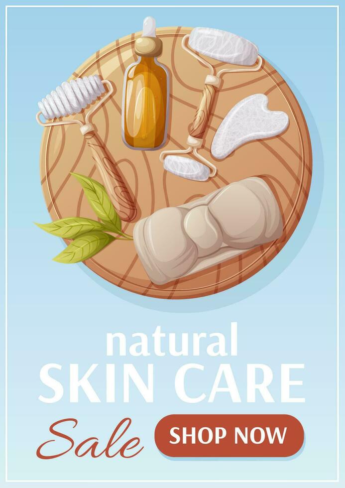 Skin care sale poster. Round wooden board with gua sha tools, headband, oil serum. Top view. Health and beauty. Vector illustration. For advertising, website, banner. a4 format